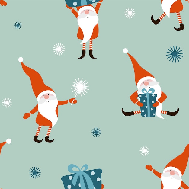 Seamless pattern with christmas gnomes and gifts in different poses