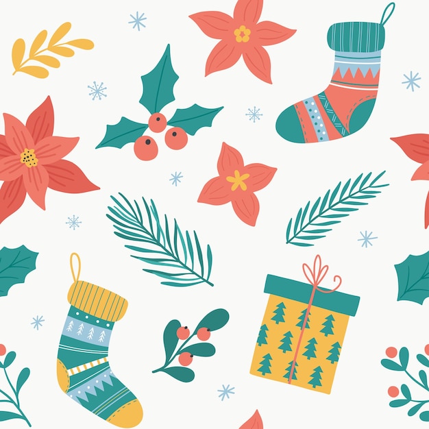 Seamless pattern with Christmas and New year elements. Warm socks, gift box, christmas flowers, need