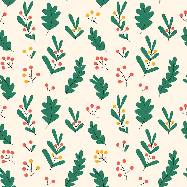 Seamless pattern with Christmas plants firtree branches holy tree berries