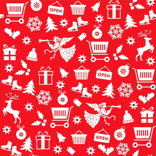 Seamless pattern with Christmas sale symbols on red background.