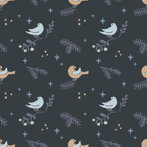 Seamless pattern with Christmas tree bird star berry isolated on dark blue background