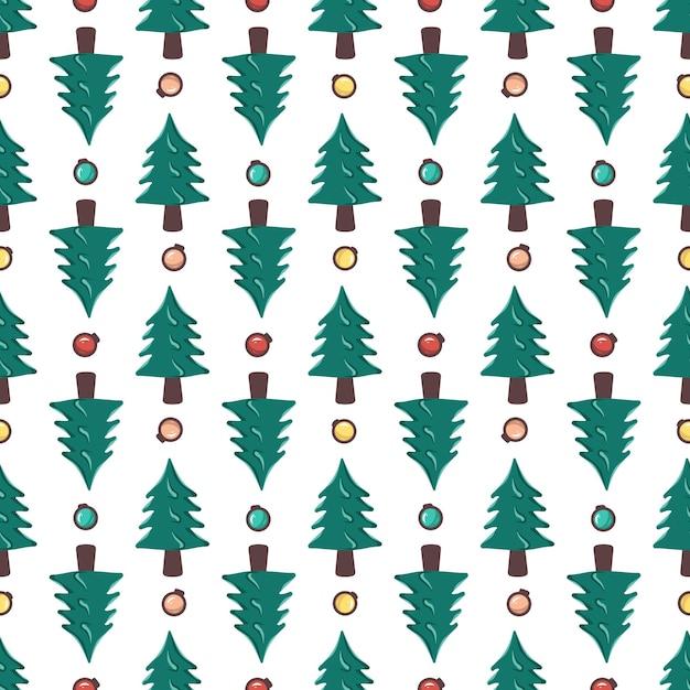 Seamless pattern with Christmas tree and garland balls Festive print for new year and winter holidays textiles wrapping paper and designVector flat illustration