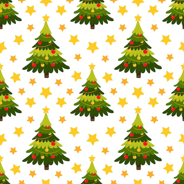 Seamless pattern with Christmas tree and stars.