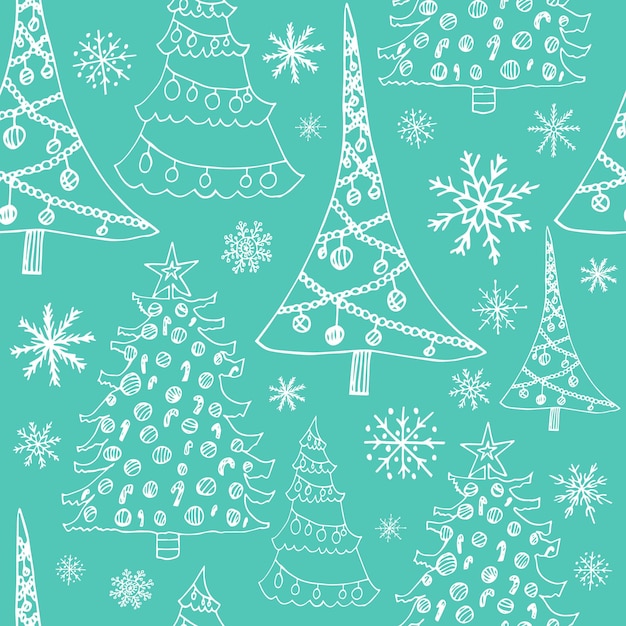 Seamless pattern with Christmas trees Different kinds of Christmas trees with garlands isolated on turquoise background