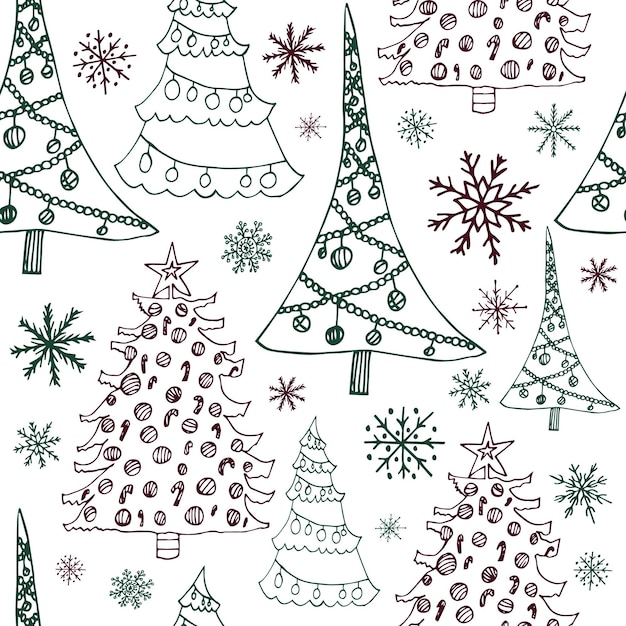 Seamless pattern with Christmas trees Different kinds of Christmas trees with garlands isolated on white background