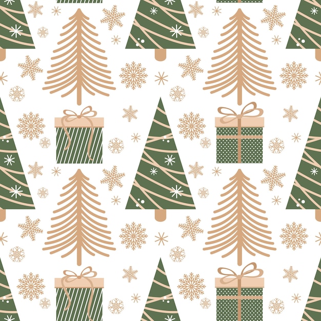 Seamless pattern with Christmas trees, gifts with bows, snowflakes in a modern simple style. Green