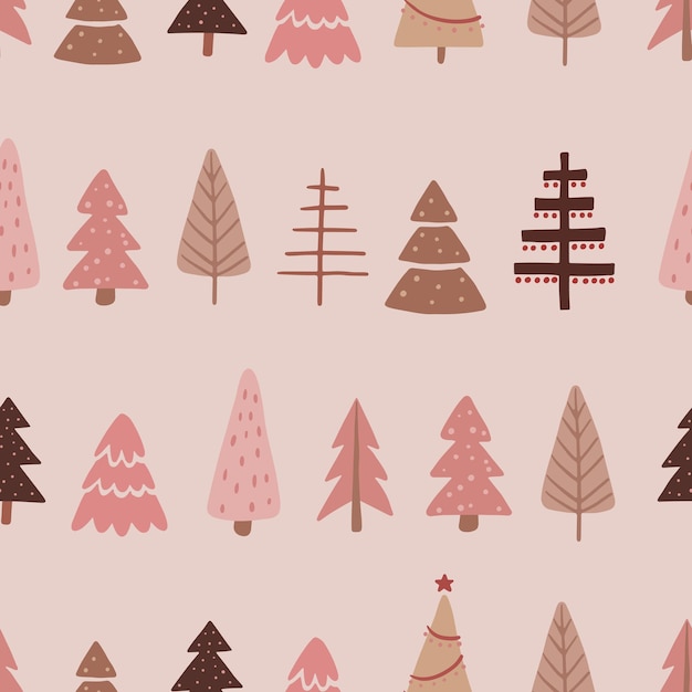 Seamless pattern with Christmas trees Holiday modern boho background Vector illustration