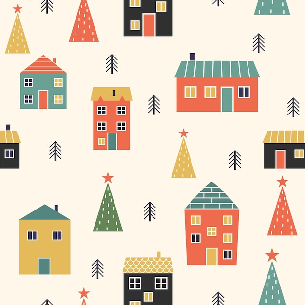 Seamless pattern with Christmas trees houses