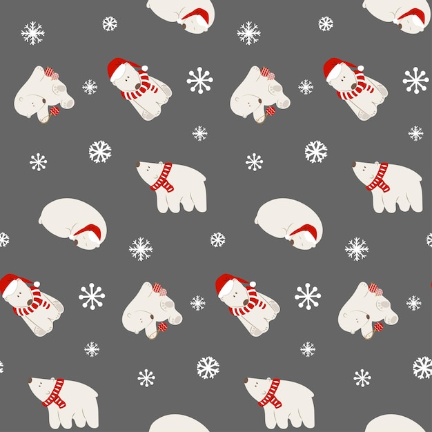 Seamless pattern with Christmas white polar bears and snowflakes. wrapping paper for New Year xmas