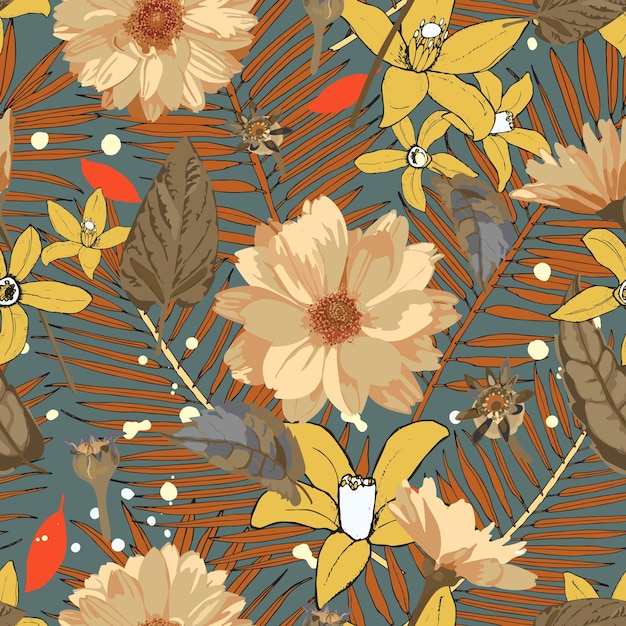 Seamless pattern with chrysanthemums flowers Vector floral set