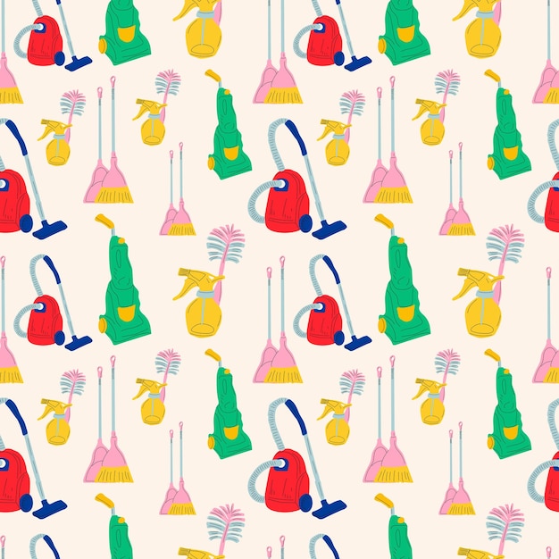 Seamless pattern with Cleansers and detergent in bottles, house cleaning tools and supplies