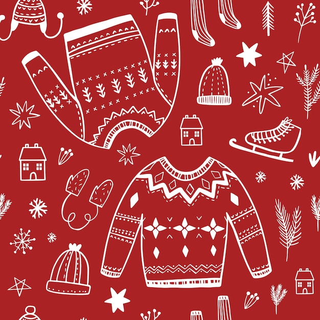 Seamless pattern with clothes on a red background.