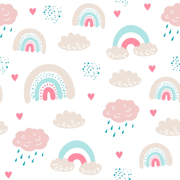 Seamless pattern with cloud and rainbow in the sky