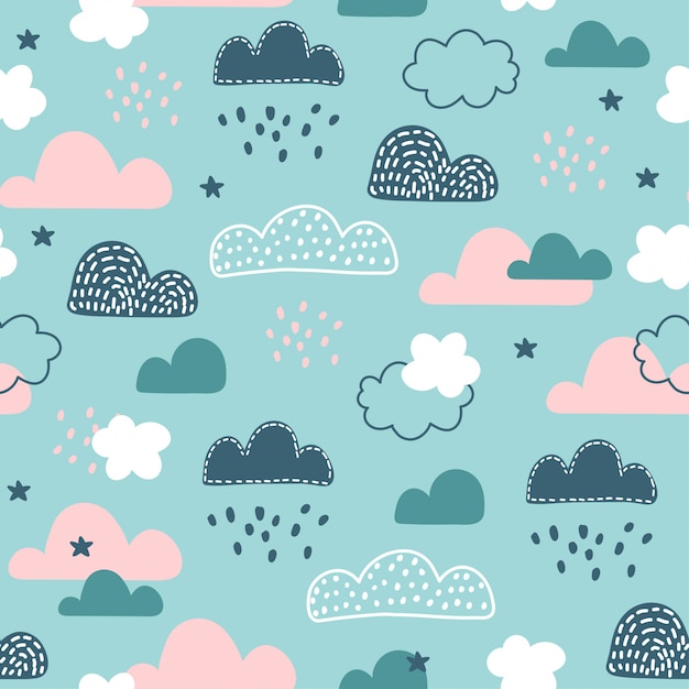 Seamless pattern with cloud and rainbow in the sky.