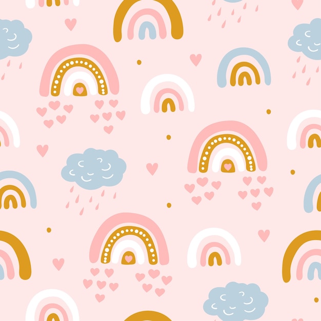 Seamless pattern with cloud and rainbow in the sky