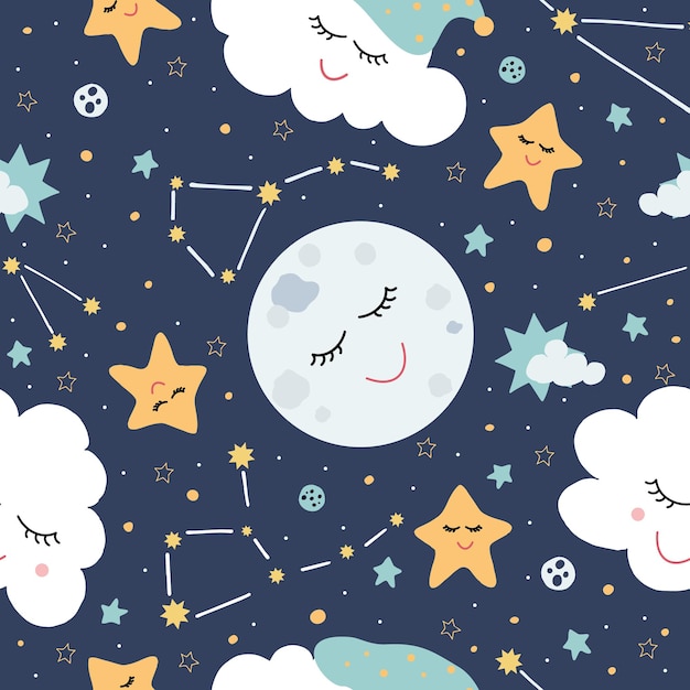 Seamless pattern with clouds starsconstellations on a dark background in cartoon style