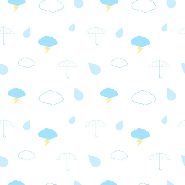 Seamless pattern with clouds umbrella thunderbolt and rain on a white background Vector repeating texture