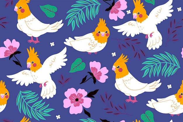 Seamless pattern with cockatiel parrots Vector graphics