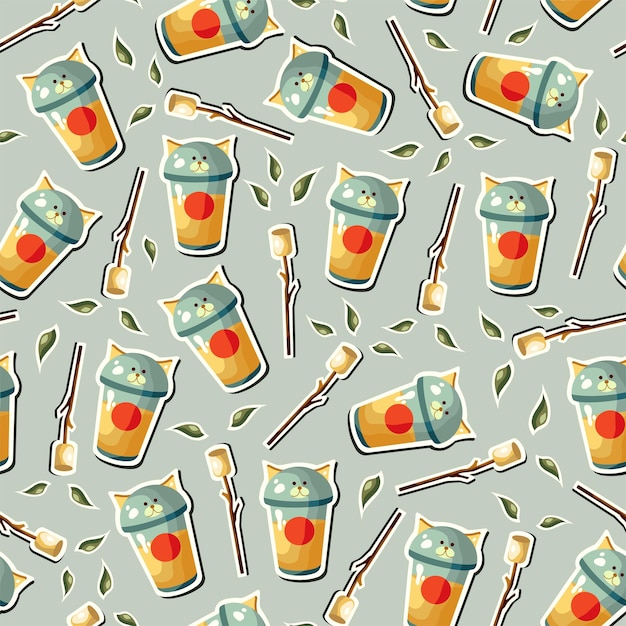 Seamless pattern with cocktails leaves and marshmallows.