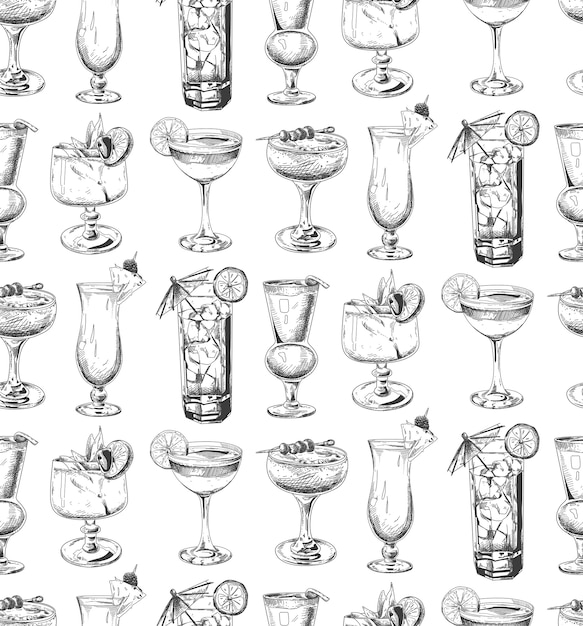 Seamless pattern with cocktails. Sketch.