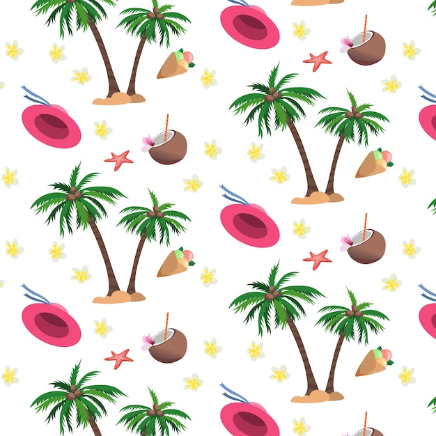 Seamless pattern with coconut palms coconut drink and ice cream colorful beach style