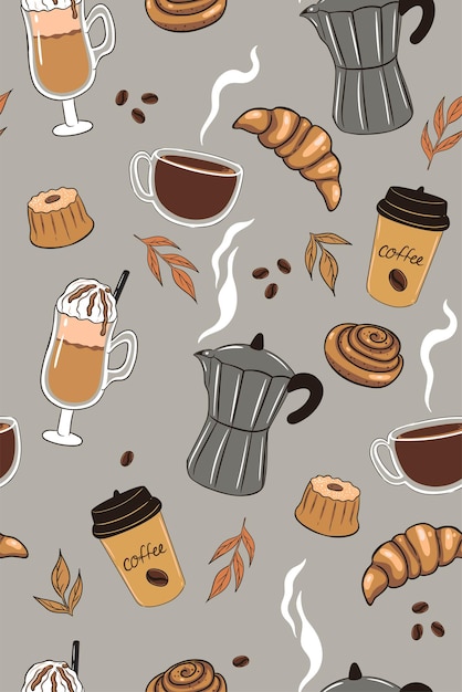 Seamless pattern with coffee and baked goods Vector graphics