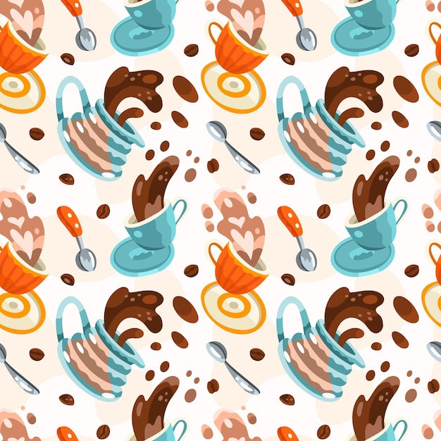 Seamless pattern with coffee cappuccino splash server teapot cups spoons