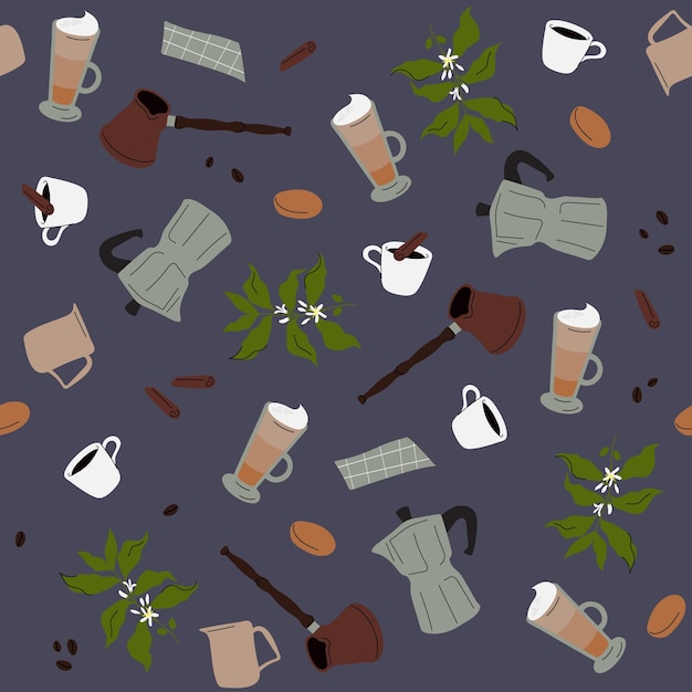 Seamless pattern with coffee drinks barista tools coffee beans