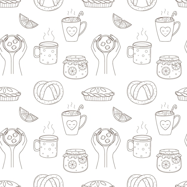 Seamless pattern with coffee, jam, cake, pretzel. Black white vector with outline doodle elements