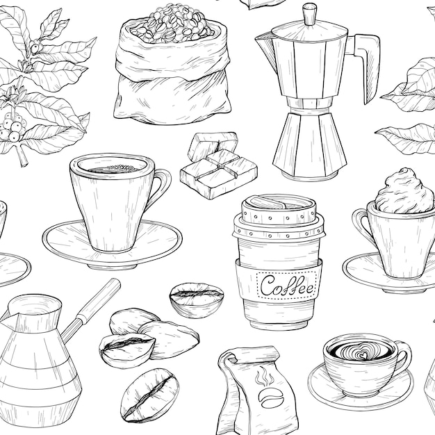 Seamless pattern with coffee party Collection Hand drawn black and white illustration with coffee