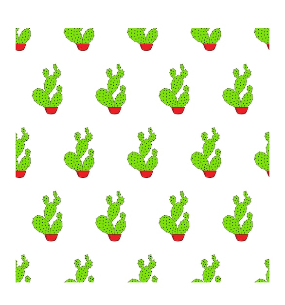 Seamless pattern with colored cacti in pots with outline Opuntia microdasys