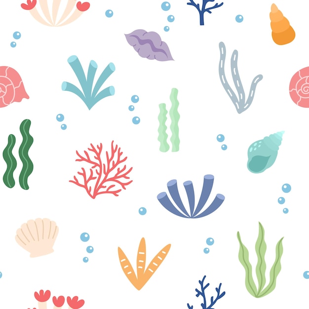 Seamless pattern with colored cartoon seaweed shells and corals on a white background