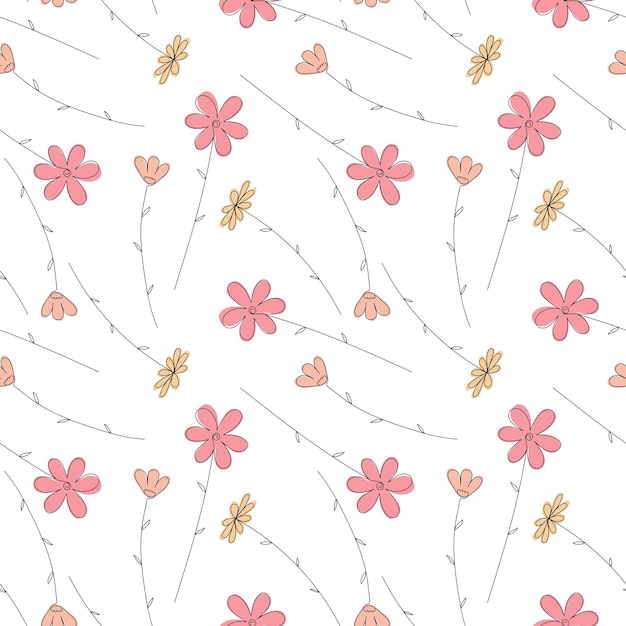 Seamless pattern with colored stylized chamomile flowers in boho style on white