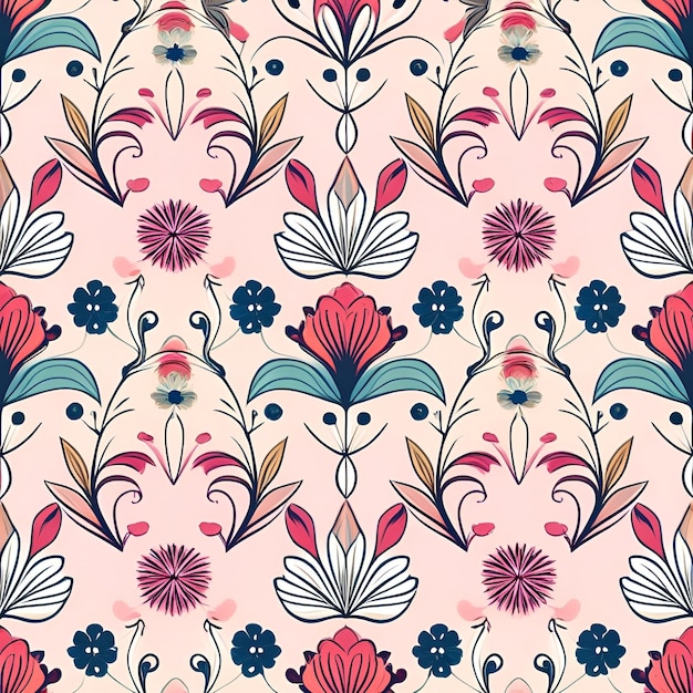 Seamless pattern with colorful abstract floral doodles on a pastel pink background