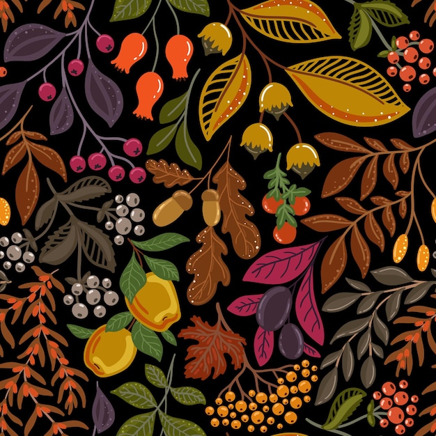 Seamless pattern with colorful autumn berries and fruits on a black background in vector