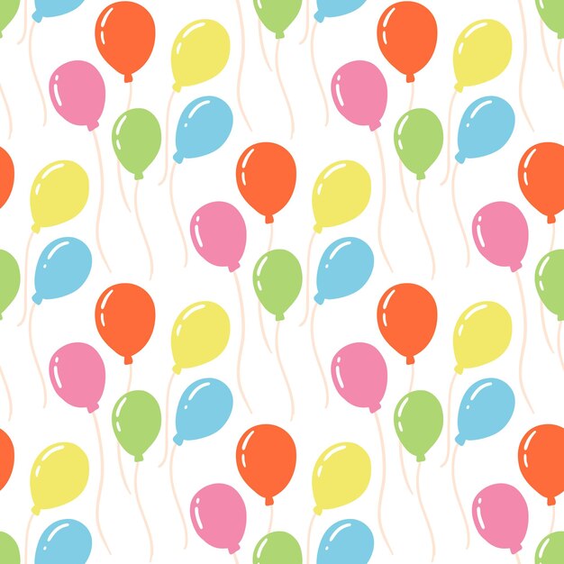 Seamless pattern with colorful balloons in cartoon flat style Vector texture of birthday or party decoration flying balloon with rope on white background