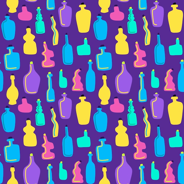 Seamless pattern with colorful bottles and vases of different shapes Mosaic background