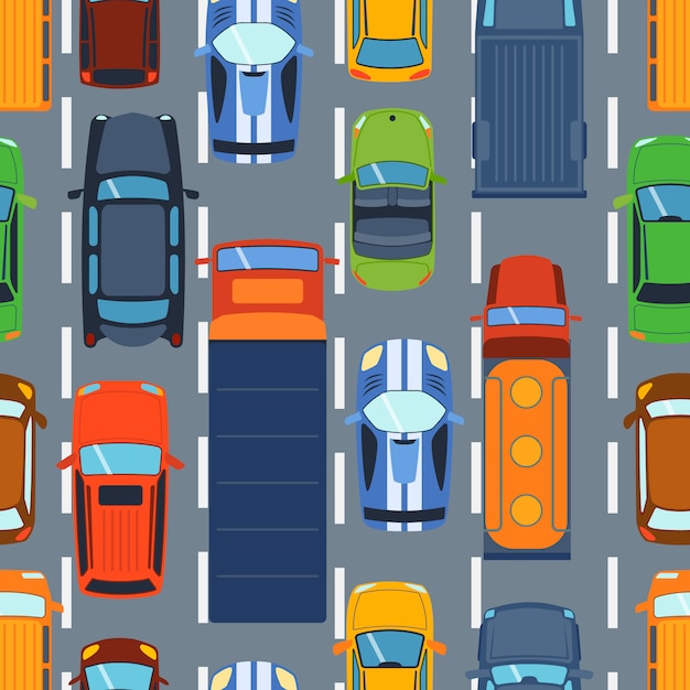 Seamless pattern with colorful cars on road vector. Cartoon truck travel highway traffic jam decoration. Wallpaper with street transportation.