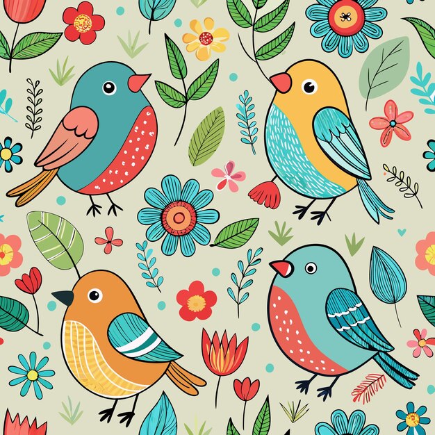 Vector seamless pattern with colorful cartoon birds and flowers on a light green background