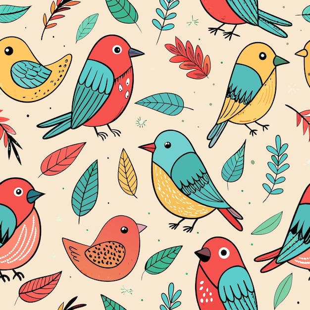 Vector seamless pattern with colorful cartoon birds and leaves on a beige background