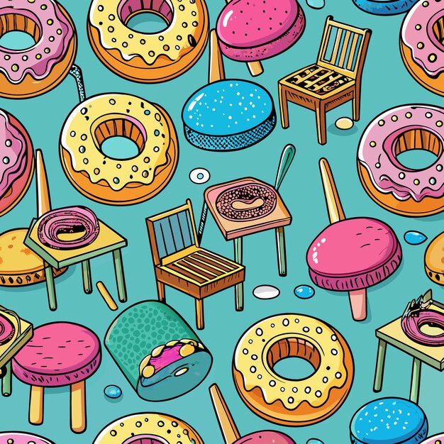 Vector seamless pattern with colorful donuts chairs and tables on a blue background