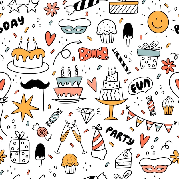 Seamless pattern with colorful doodles with sun, cake, ice cream, candies, arrows, flowers.