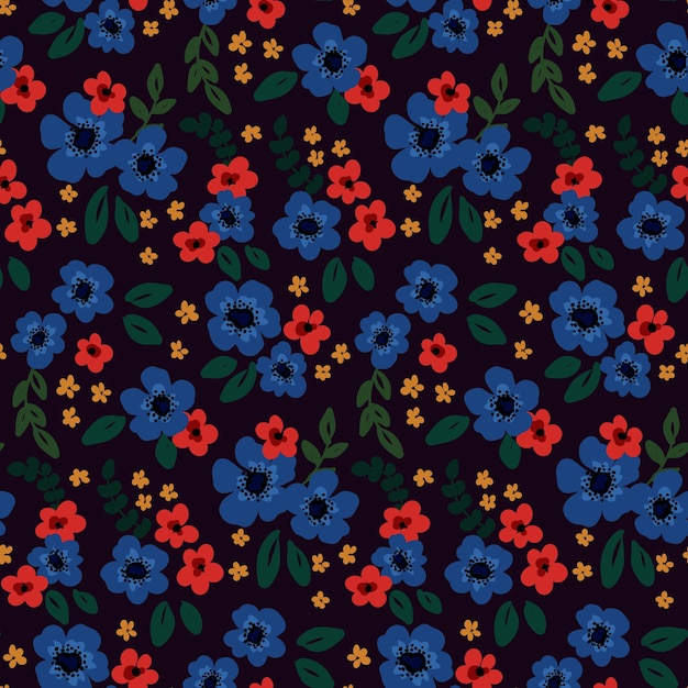 Seamless pattern with colorful flower meadow on a dark background Liberty composition from various small flowers leaves Floral background design print with painted small flower leaves Vector