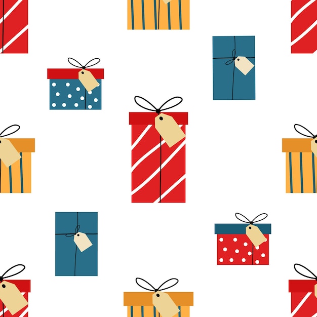 A seamless pattern with colorful gift boxes on white background Christmas or birthday presents