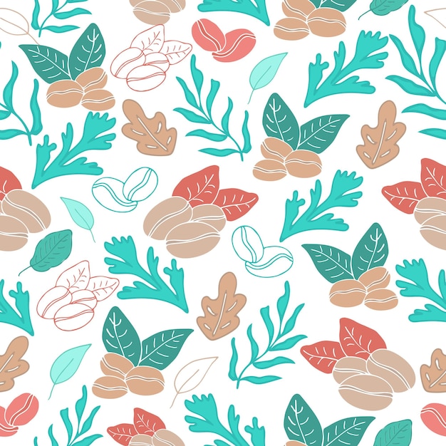 Seamless pattern with colorful hand drawn coffee tree beans