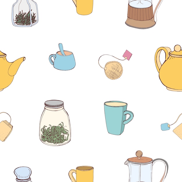 Seamless pattern with colorful hand drawn kitchen tools and ingredients for making and drinking tea