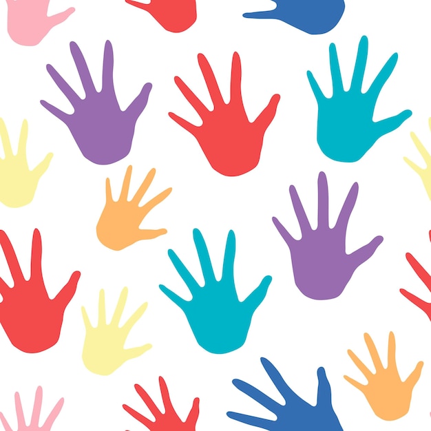 Seamless pattern with a colorful handprints on white background Vector seamless pattern