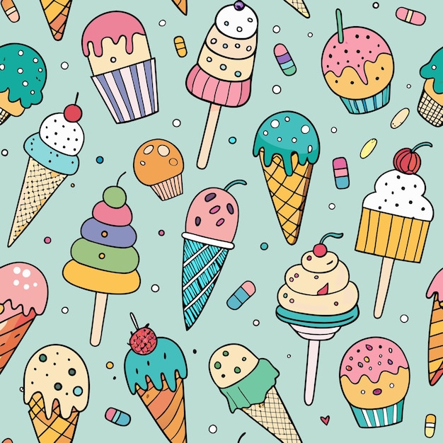 Seamless pattern with colorful ice cream cones popsicles and cupcakes on blue background