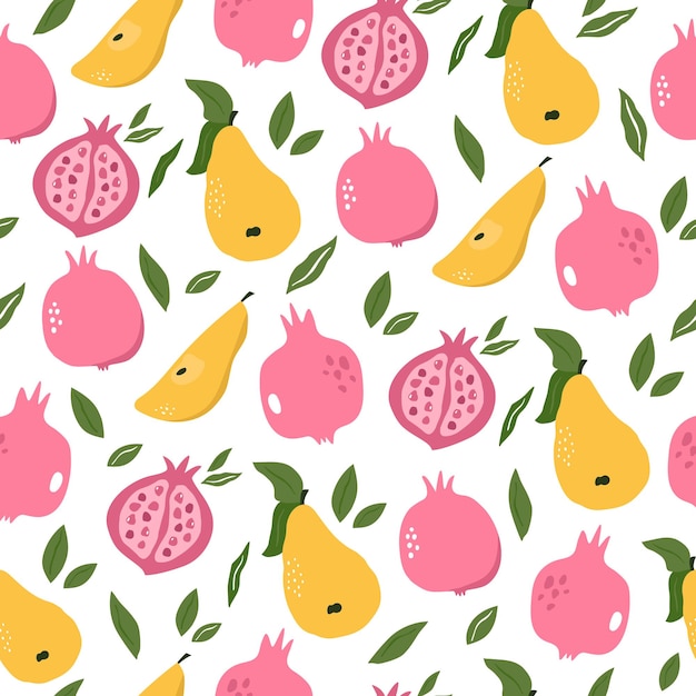 Seamless pattern with colorful pears and pomegranates