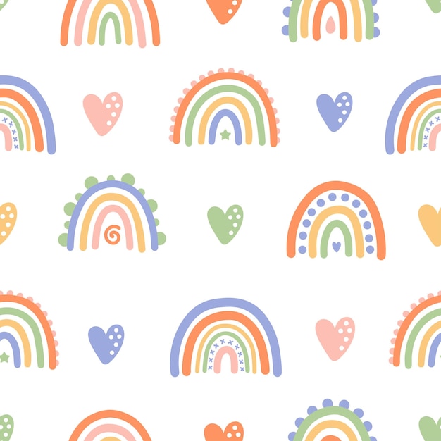 Seamless pattern with colorful rainbows and hearts